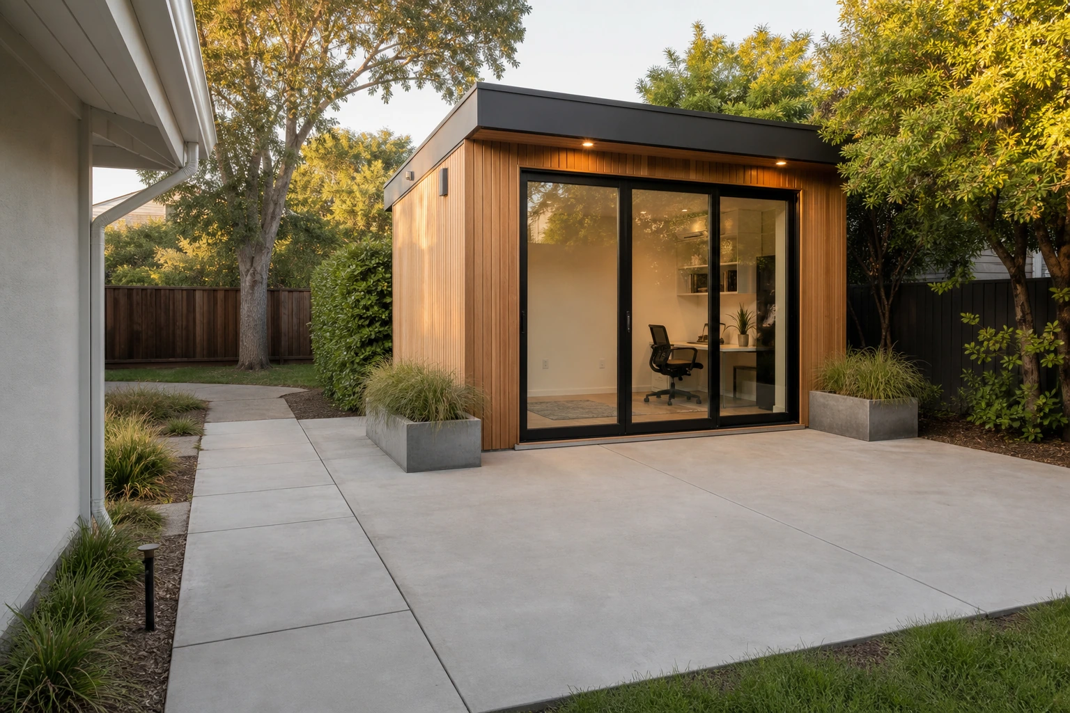 Creative garden studio with a concrete pad, planted edge, and compact outdoor work zone.