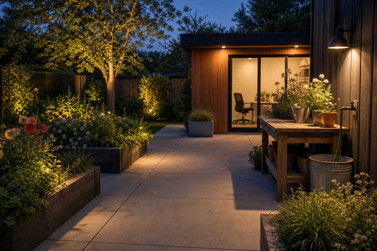 Concrete potting court with warm task lighting, raised beds, workbench, and clear garden path.