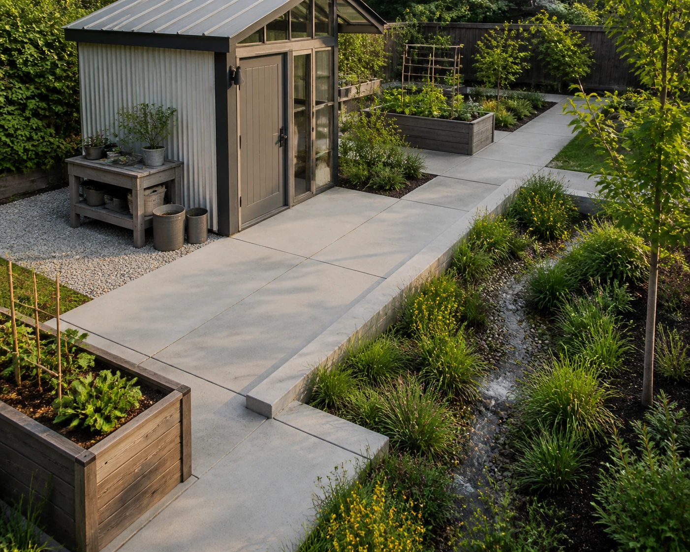 Concrete garden pad beside a low planted rain-garden edge with raised beds and clear access path.