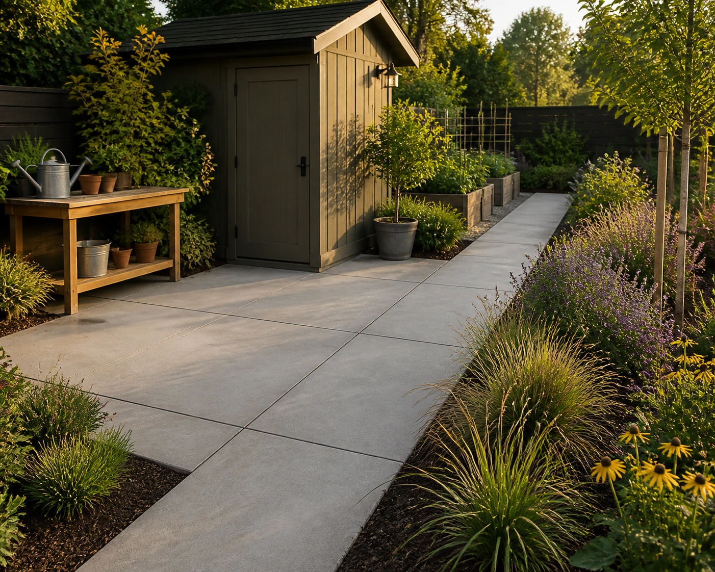 Concrete garden pad with native planting border, compact workbench, and clear service route.