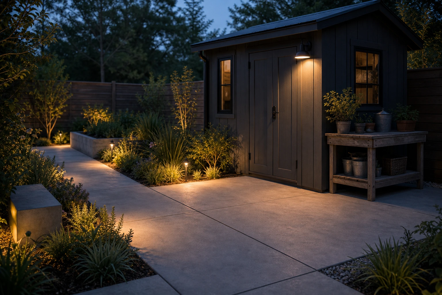 Concrete shed courtyard and garden path at blue hour with subtle lighting, low planting, and clear access.