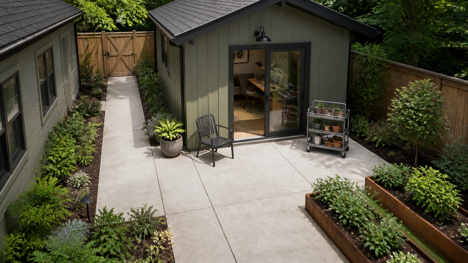 Garden studio with a compact concrete courtyard work zone, direct access path, and low planting.