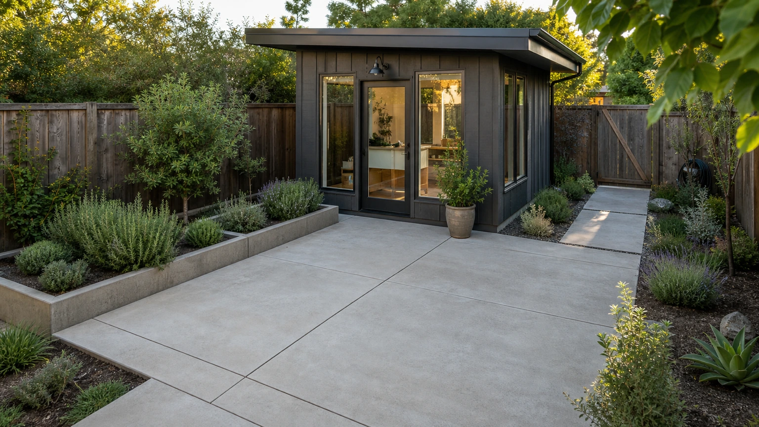 Garden studio on a concrete pad with an herb border, clear entry route, and low-maintenance landscaping.