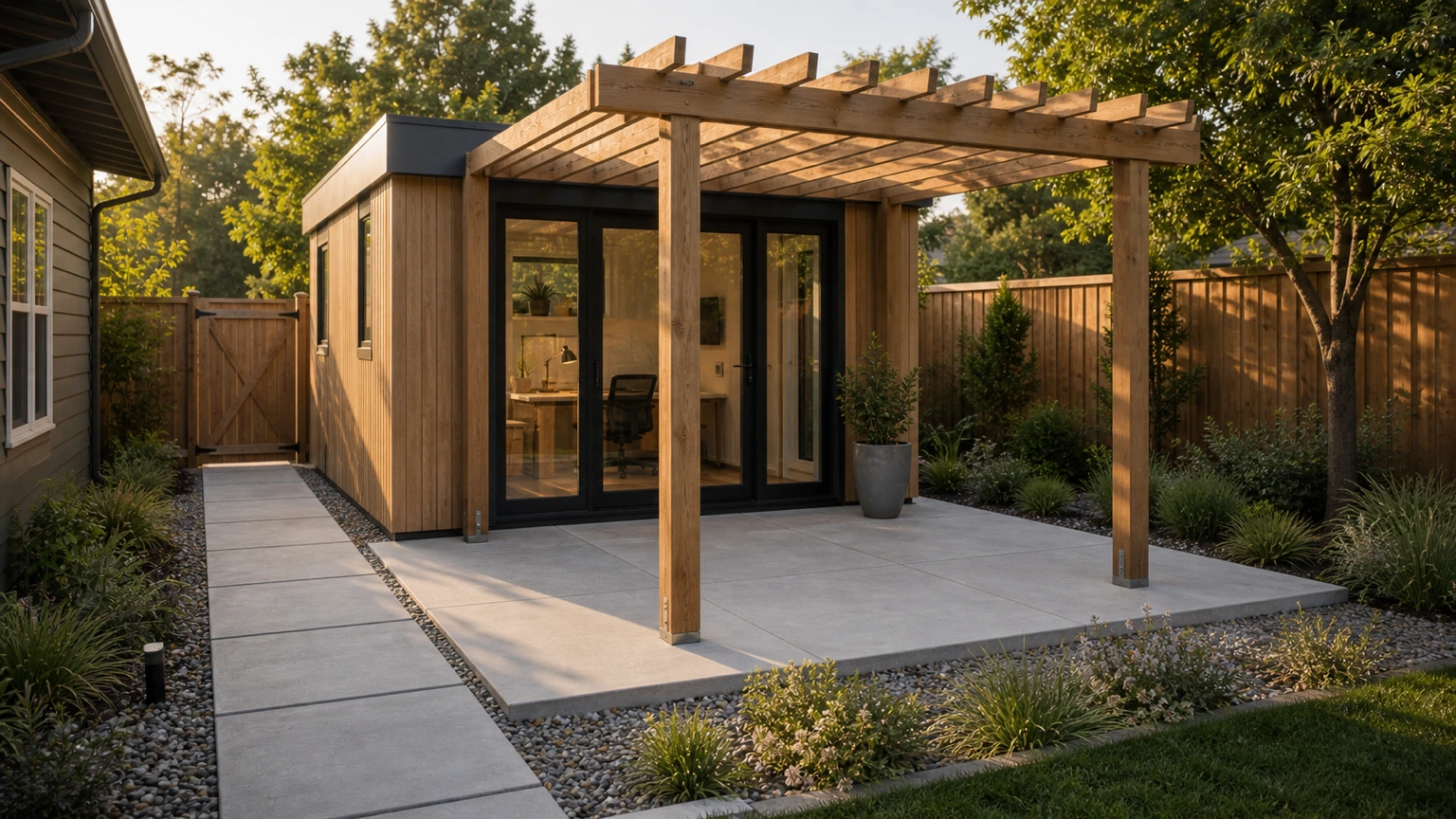 Garden studio concrete pad with a small pergola threshold, clear path, and planted perimeter.