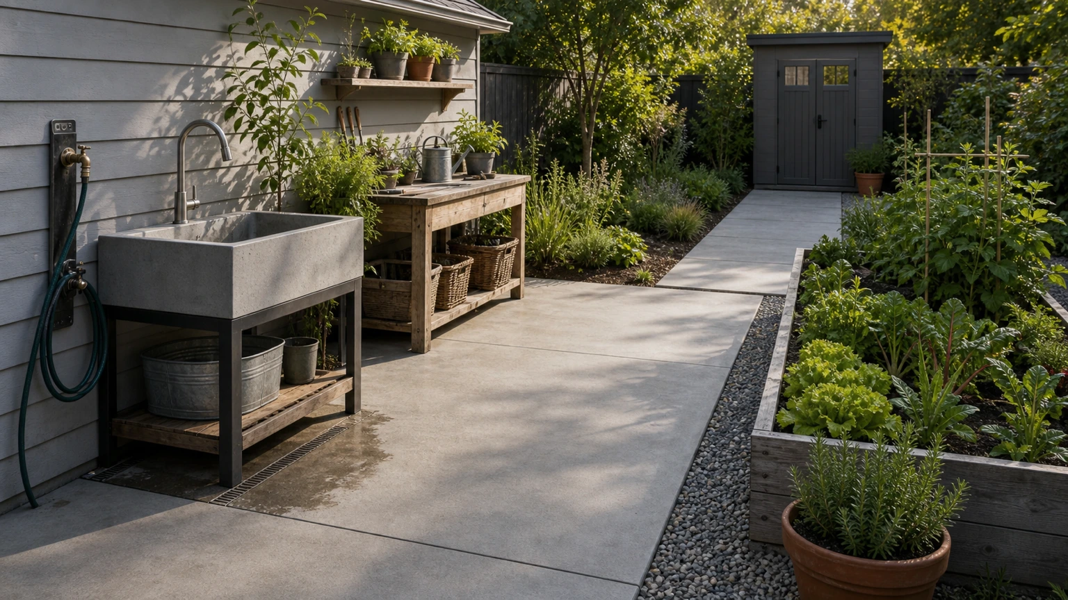 Garden wash station on a concrete pad with utility sink, hose access, and clear path to raised beds.