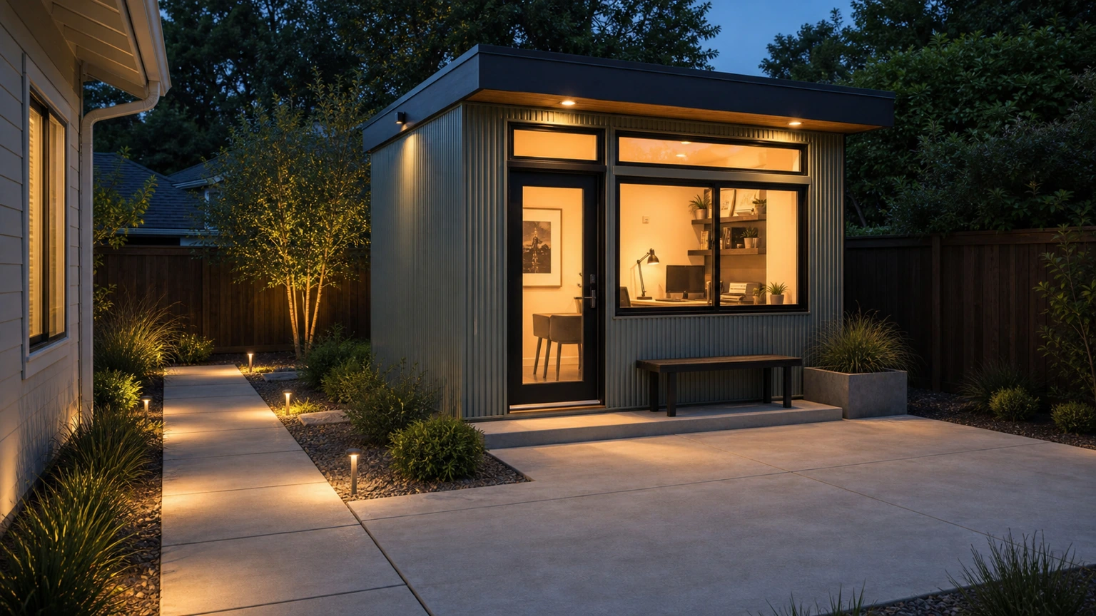 Garden writing room on a concrete pad with a lit path, low planting, and small entry terrace.