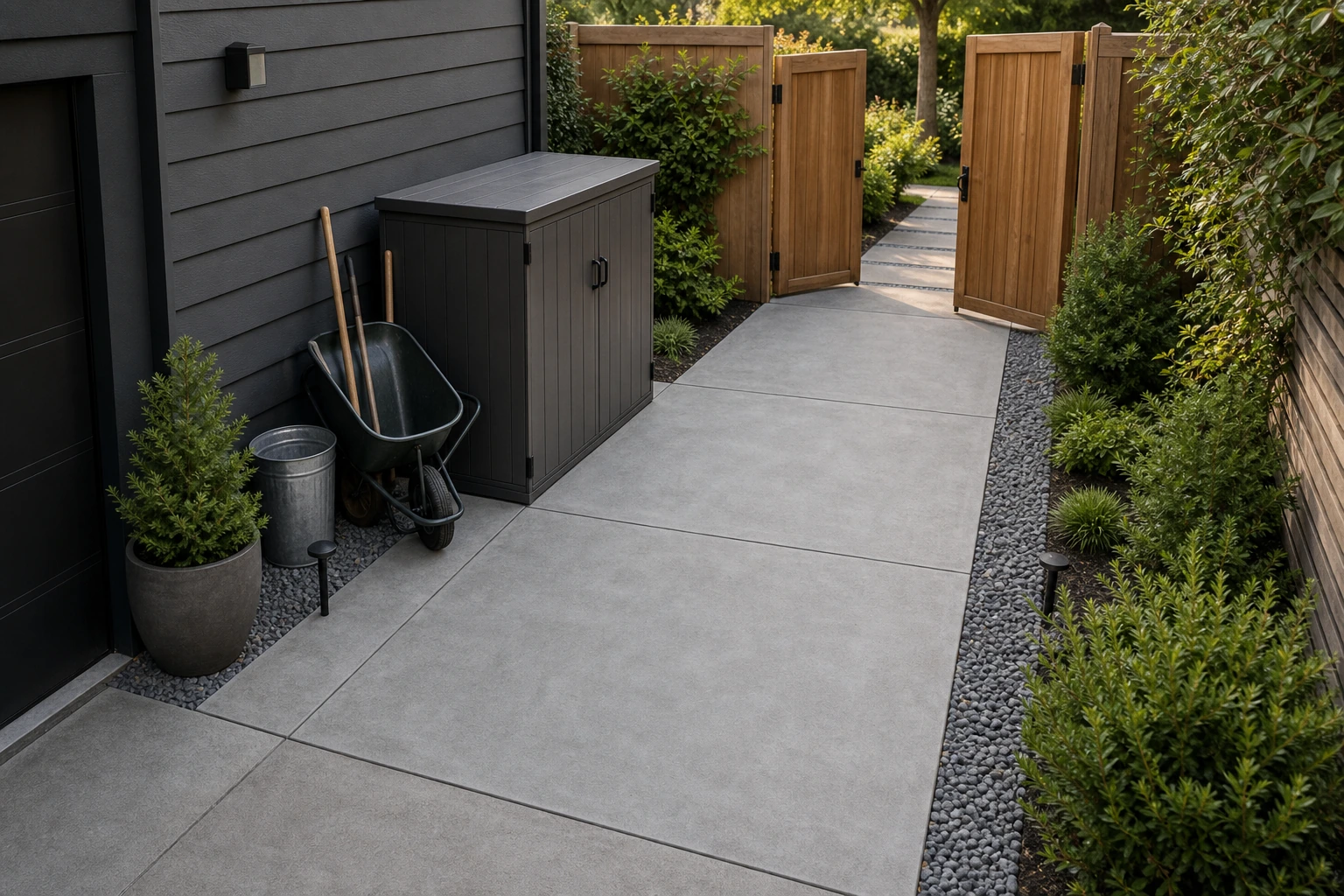 Concrete gate-access utility pad with compact tool storage, gravel shoulder, and low evergreen planting.