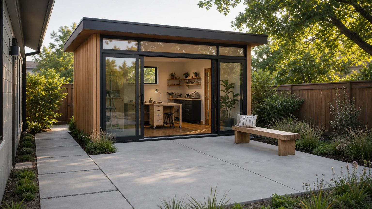 Glass-fronted hobby studio on a concrete pad with a walkway connection and compact planting.