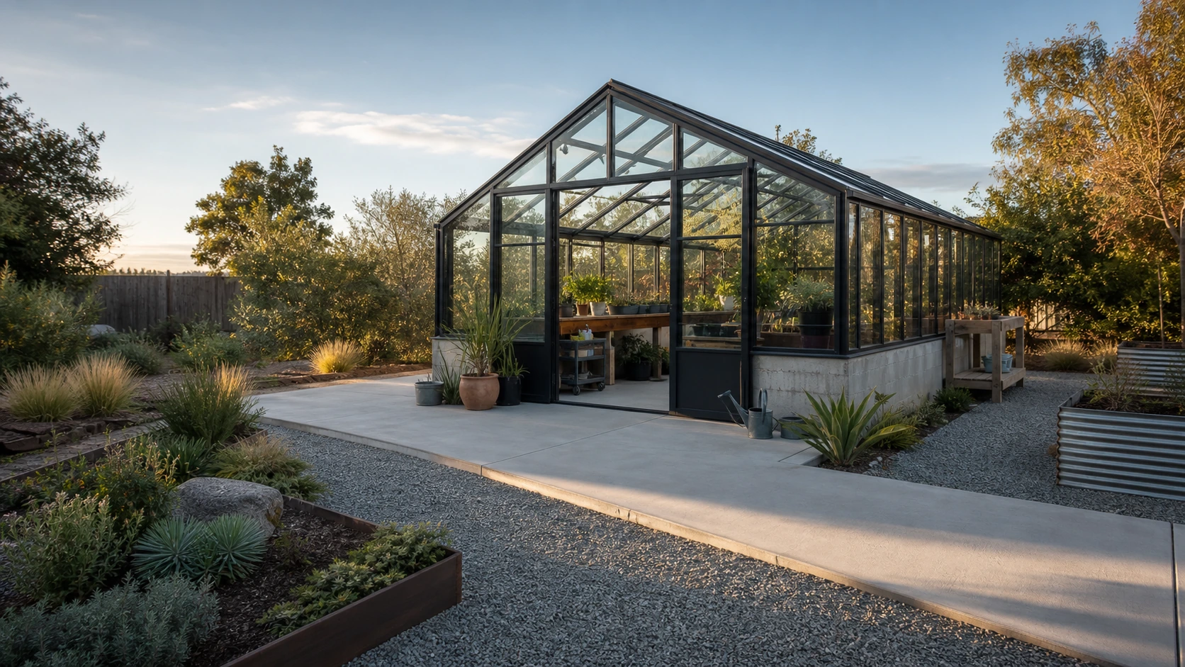 Greenhouse with concrete apron, contained gravel shoulder, raised beds, and practical entry circulation.