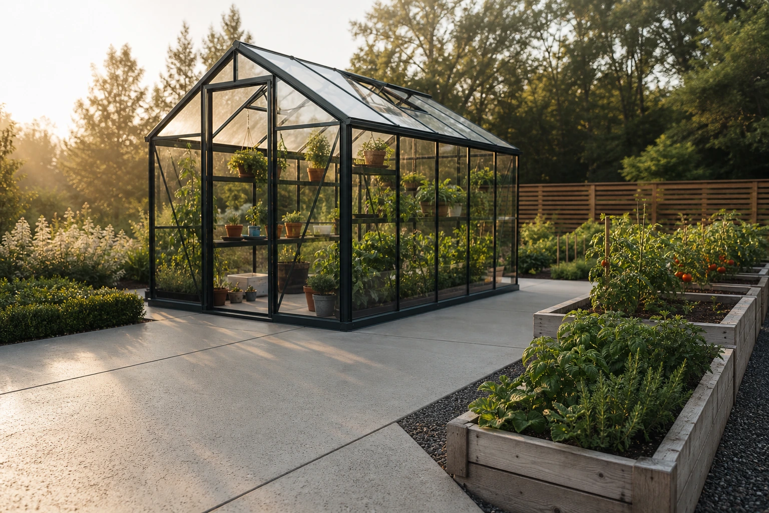 Greenhouse on a concrete pad with edible herb border, raised beds, and practical access path.