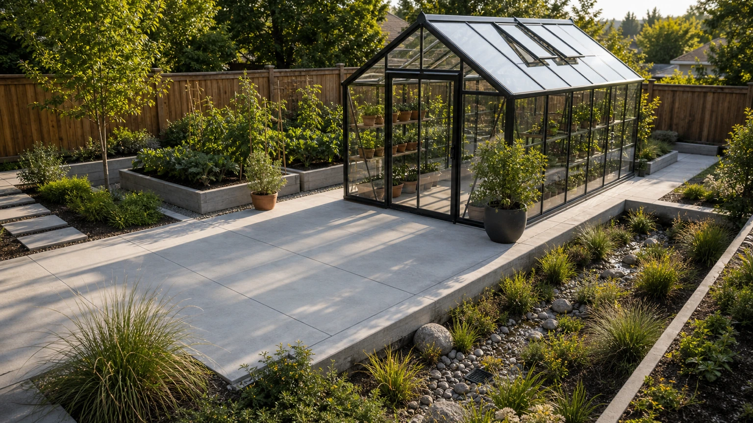 Greenhouse concrete pad beside a shallow rain-garden edge with low grasses and raised beds.