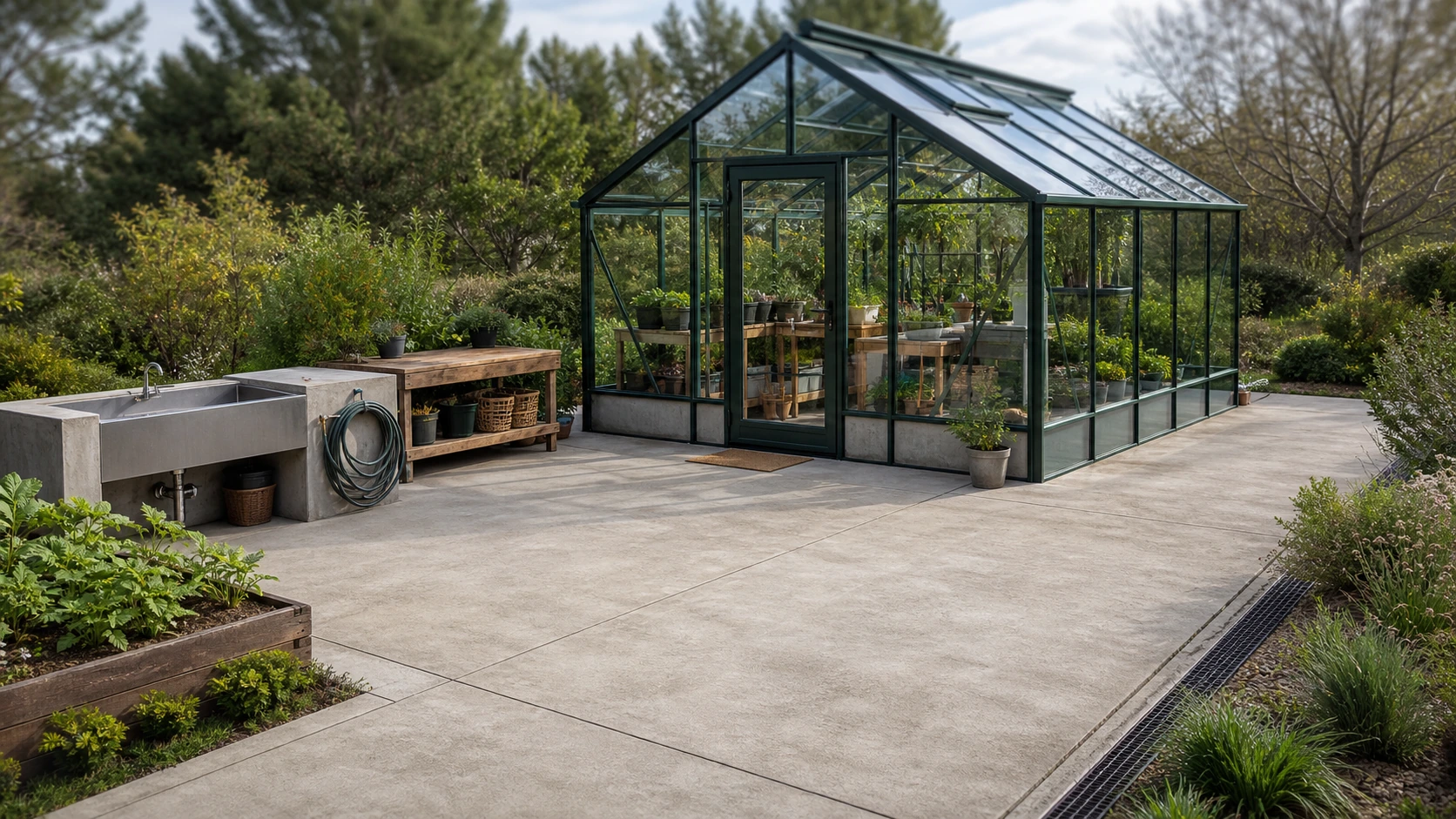 Greenhouse concrete pad with a utility sink zone, potting bench, and clear garden circulation.