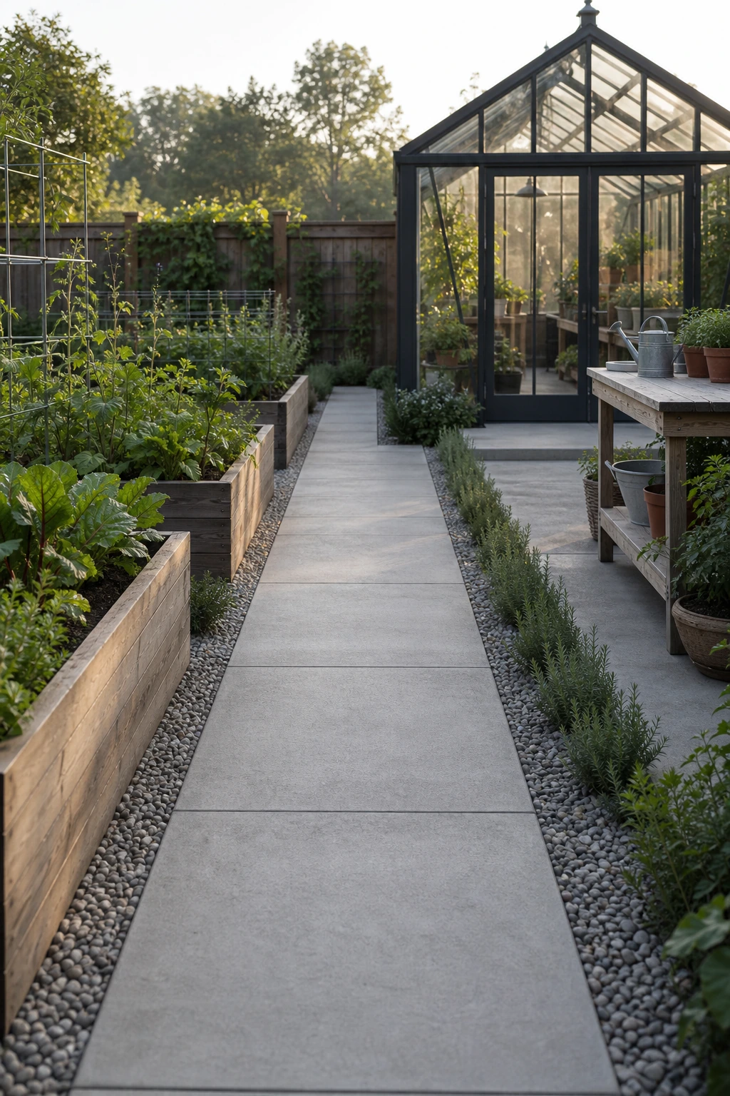 Concrete greenhouse path with contained gravel shoulder, raised beds, and low-maintenance planting.