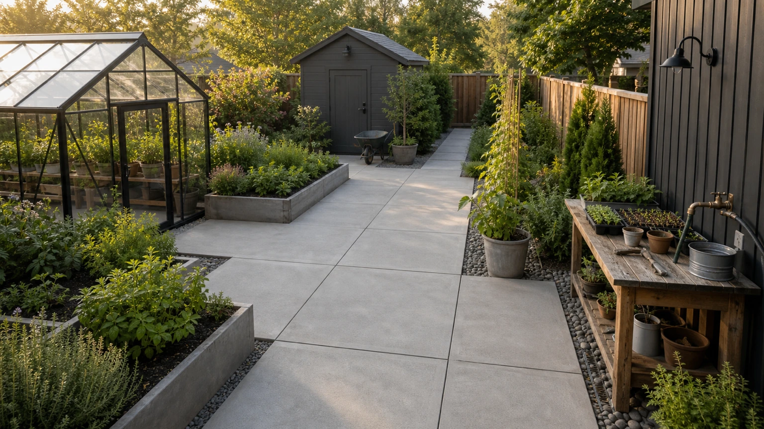 Concrete herb and propagation work court with raised planters, compact potting bench, and clear service access.