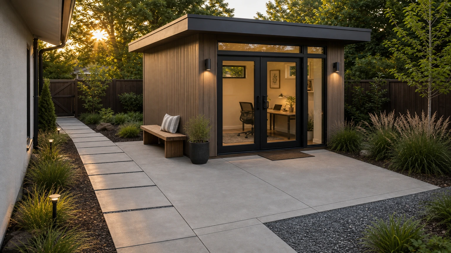 Contemporary garden studio on a concrete pad with clear access path, native planting, and restrained evening lighting.