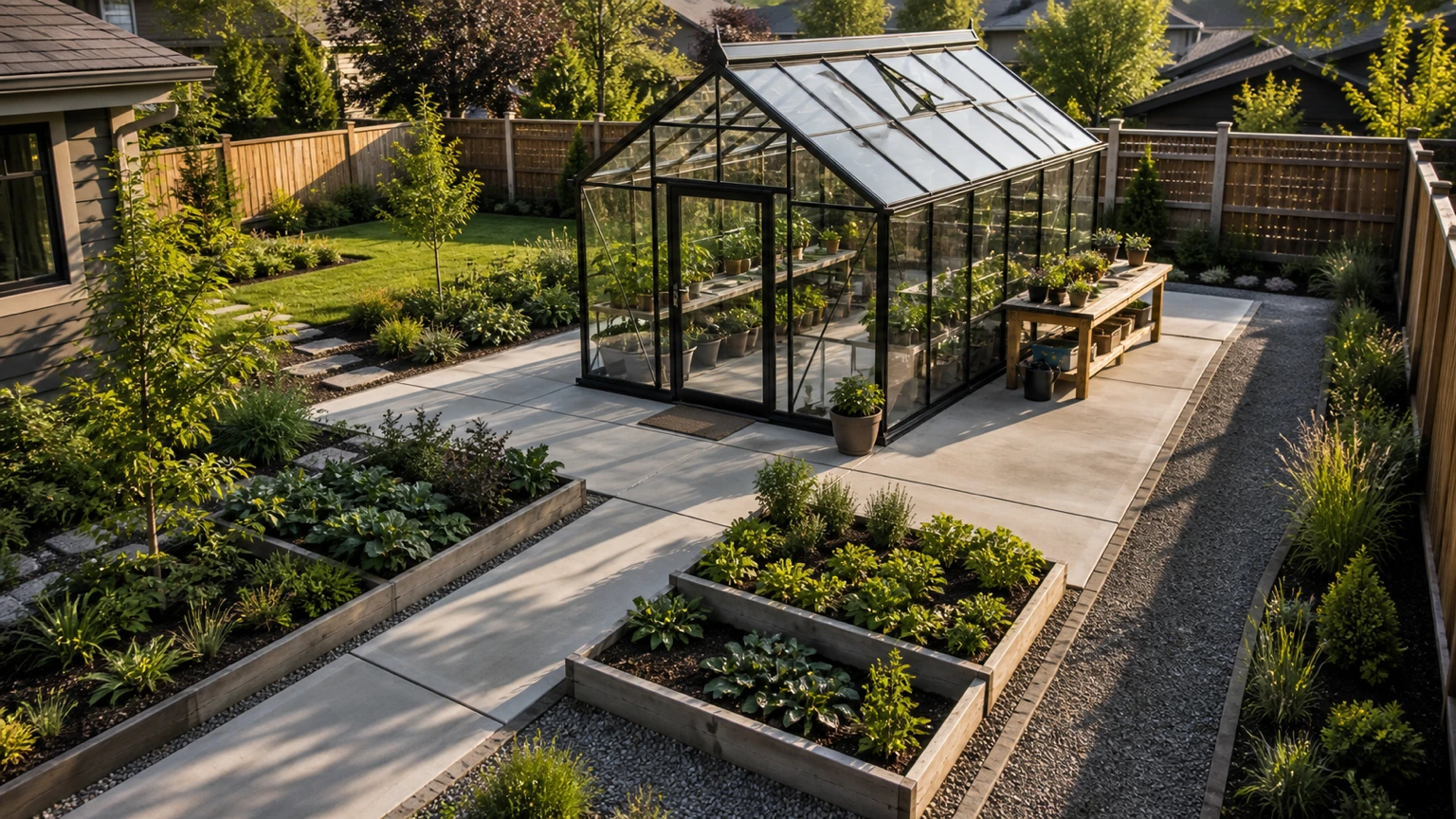 Modern greenhouse on a concrete work pad with raised beds, potting space, native planting, and clear circulation.