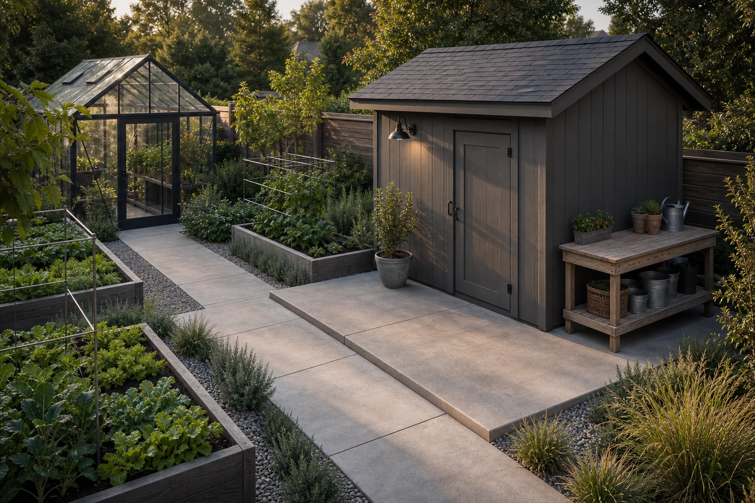Useful backyard shed and garden work landscape with concrete pad, greenhouse path, raised beds, and native planting.
