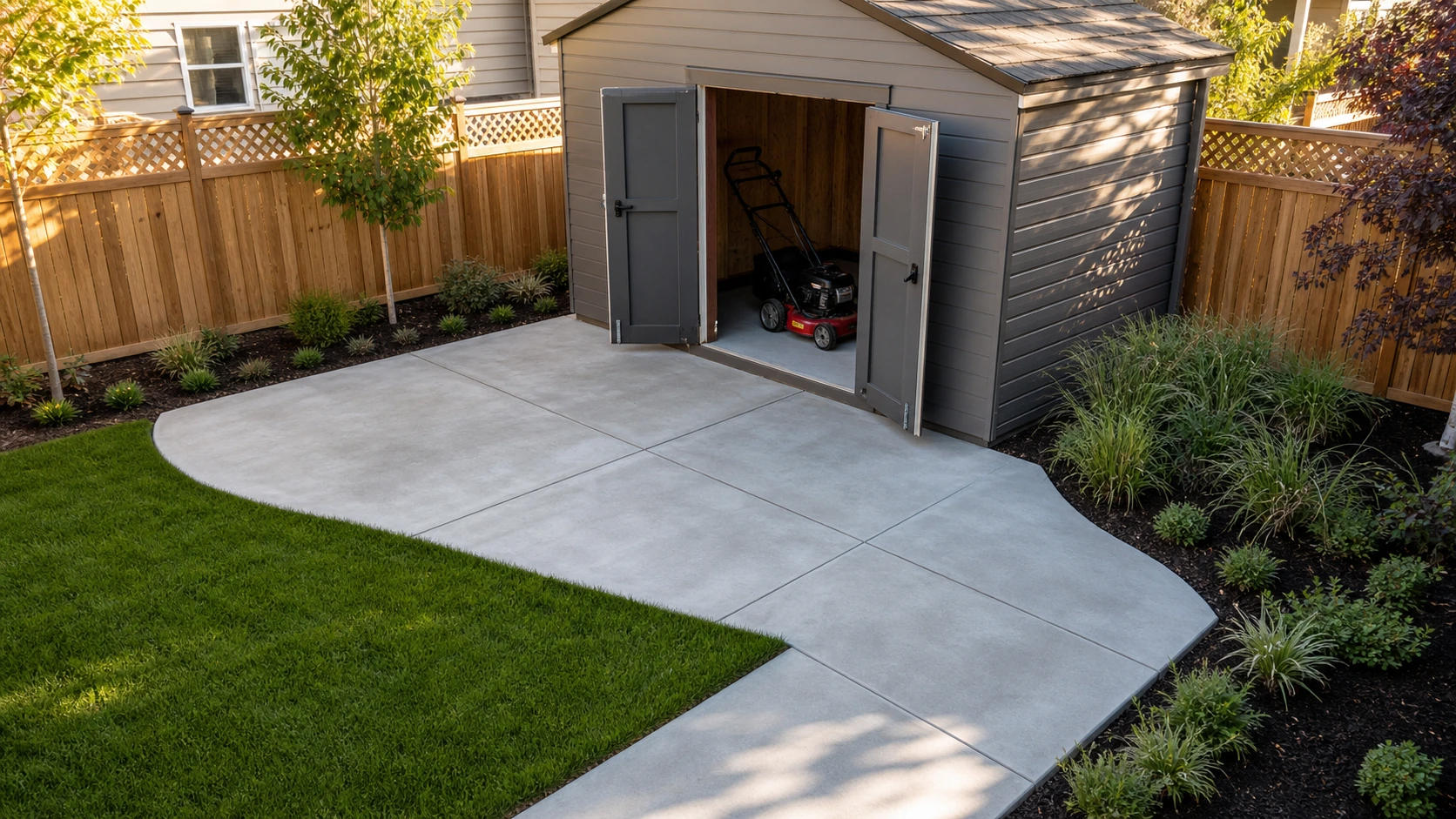 Lawn equipment shed with a concrete turning pad, mower access, and clean path connection.