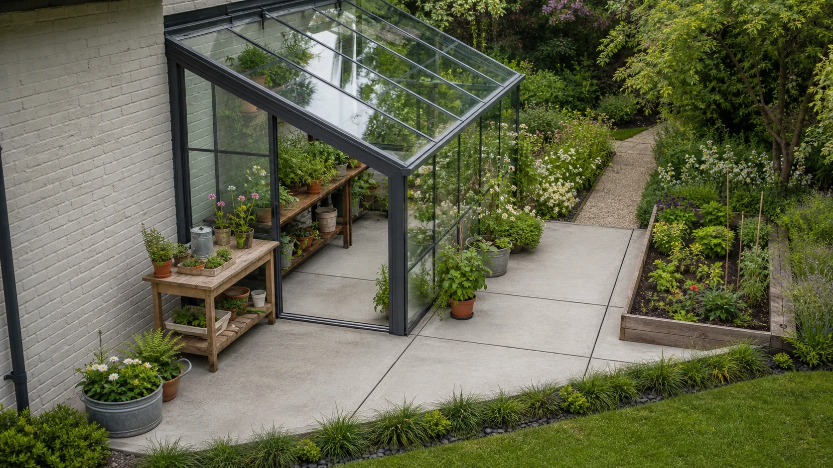 Lean-to greenhouse with a concrete potting court, raised beds, and clear garden path access.