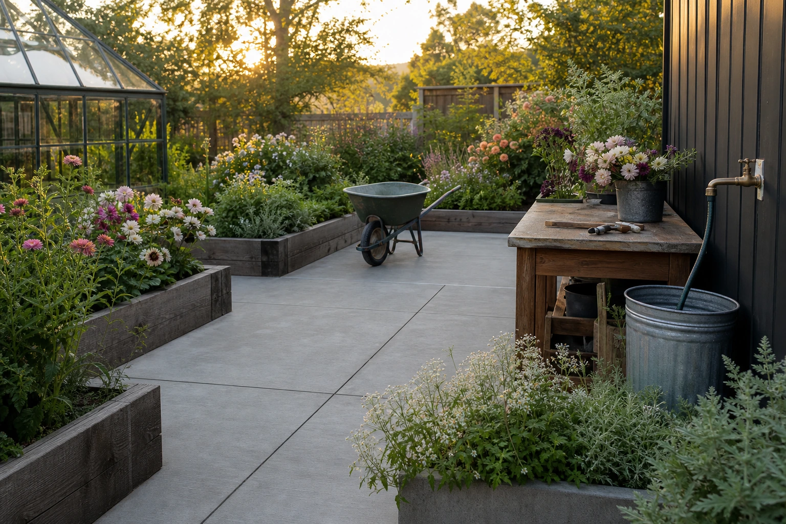 Modern greenhouse courtyard with concrete panels, potting bench, raised beds, and low-maintenance planting.
