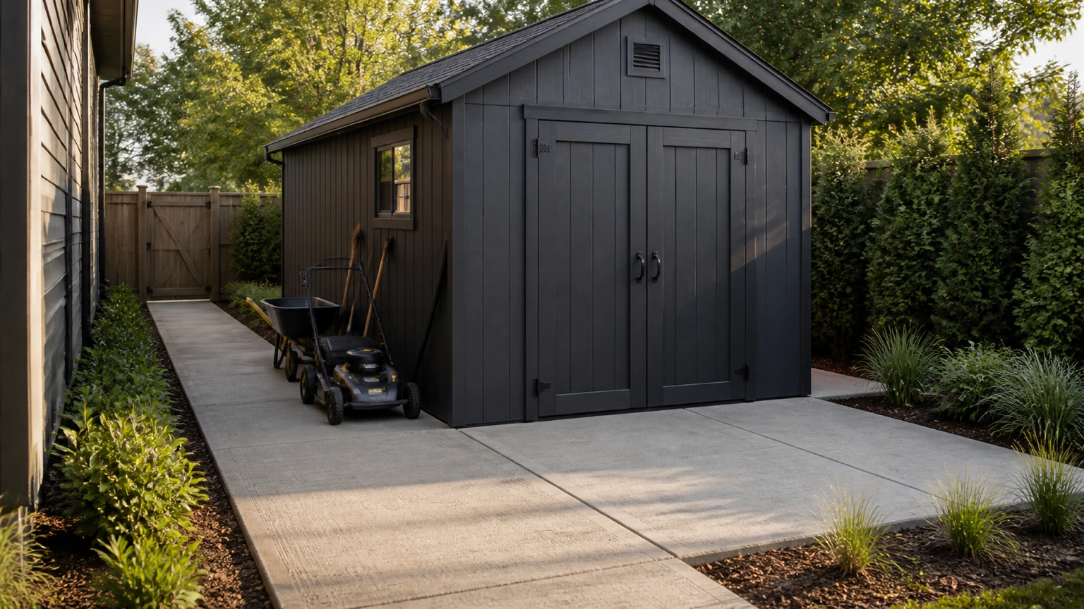 Modern storage shed on a concrete pad with a side service path, compact equipment zone, and planting.
