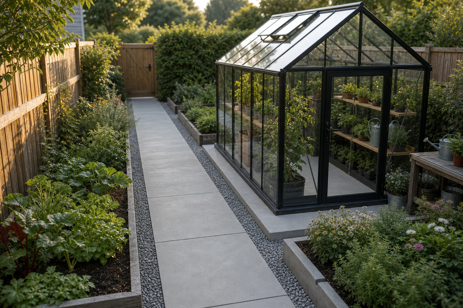 Narrow greenhouse concrete path and potting pad with compact raised beds and vertical planting.