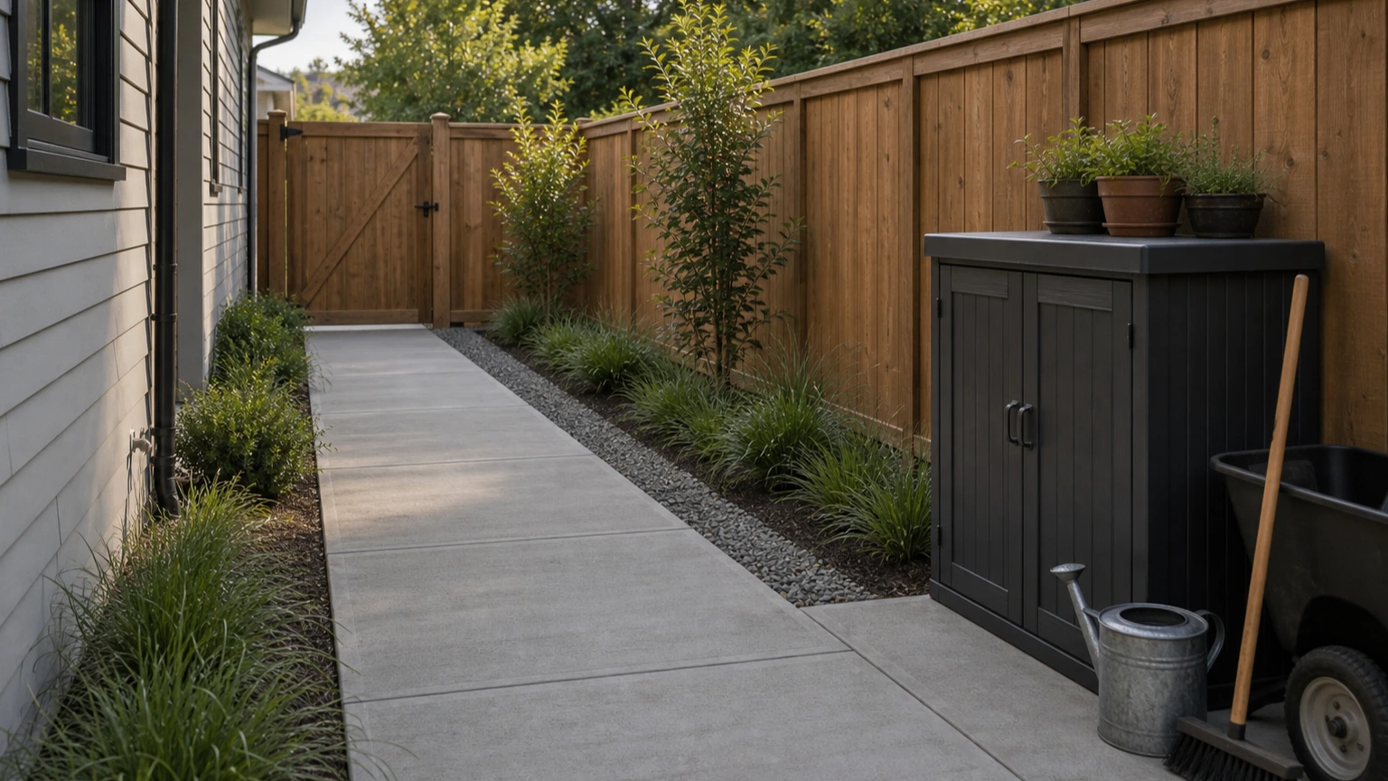 Narrow concrete utility pad beside a fence with compact storage, clear access route, and low planting.
