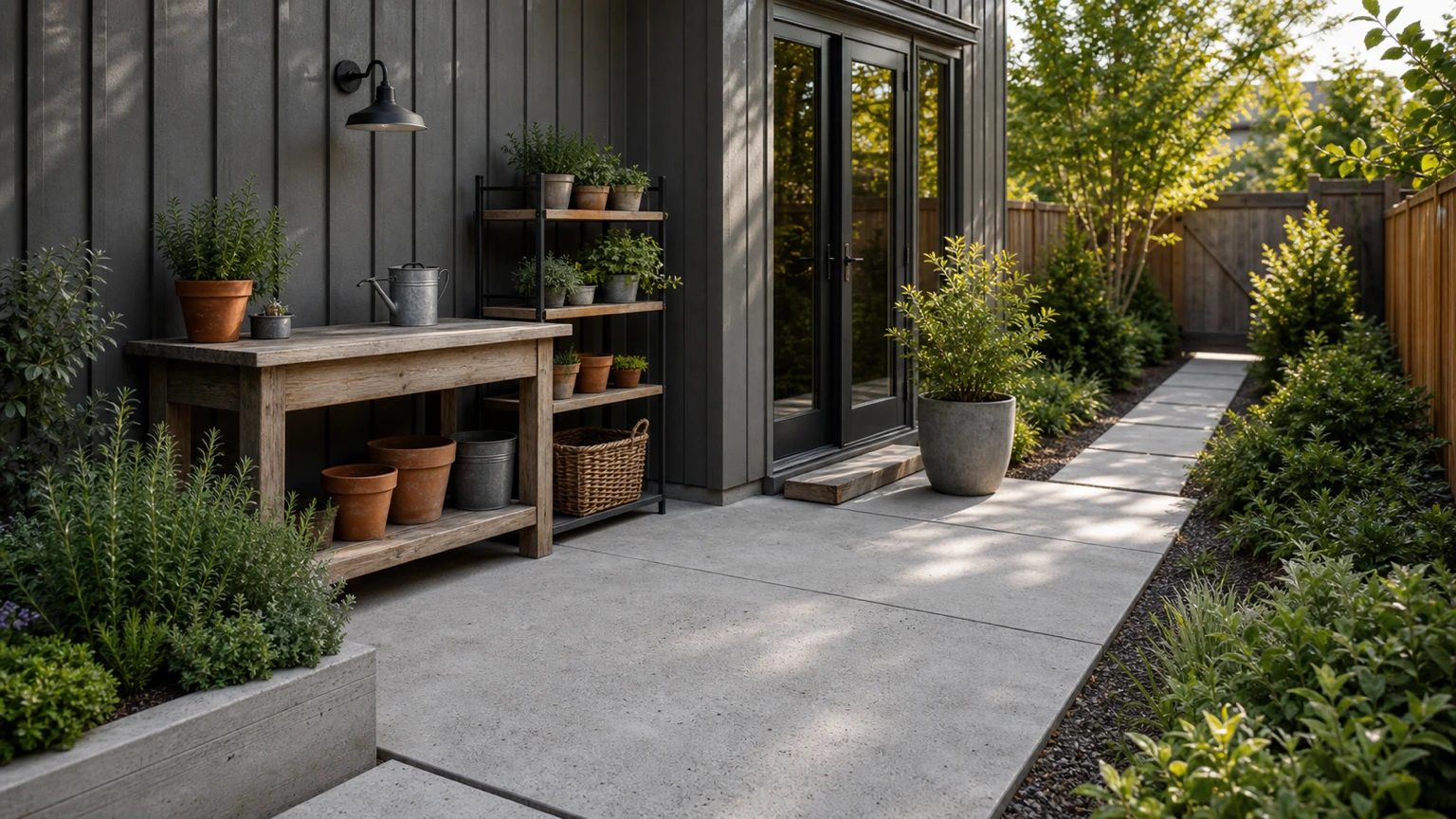 Potting nook beside a garden studio with concrete work pad, bench, and compact planted edge.