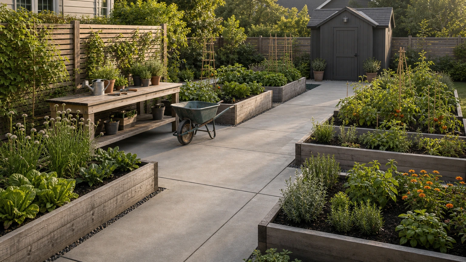 Concrete service court between raised garden beds with potting bench, clear cart route, and low planting.