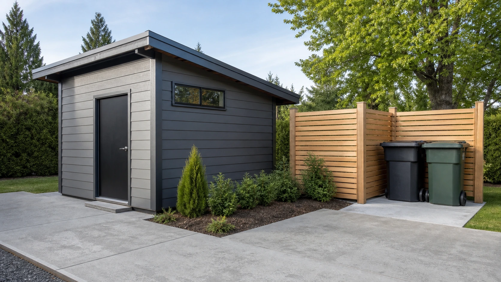 Storage shed concrete pad with a screened bin corner, clear equipment access, and low planting.