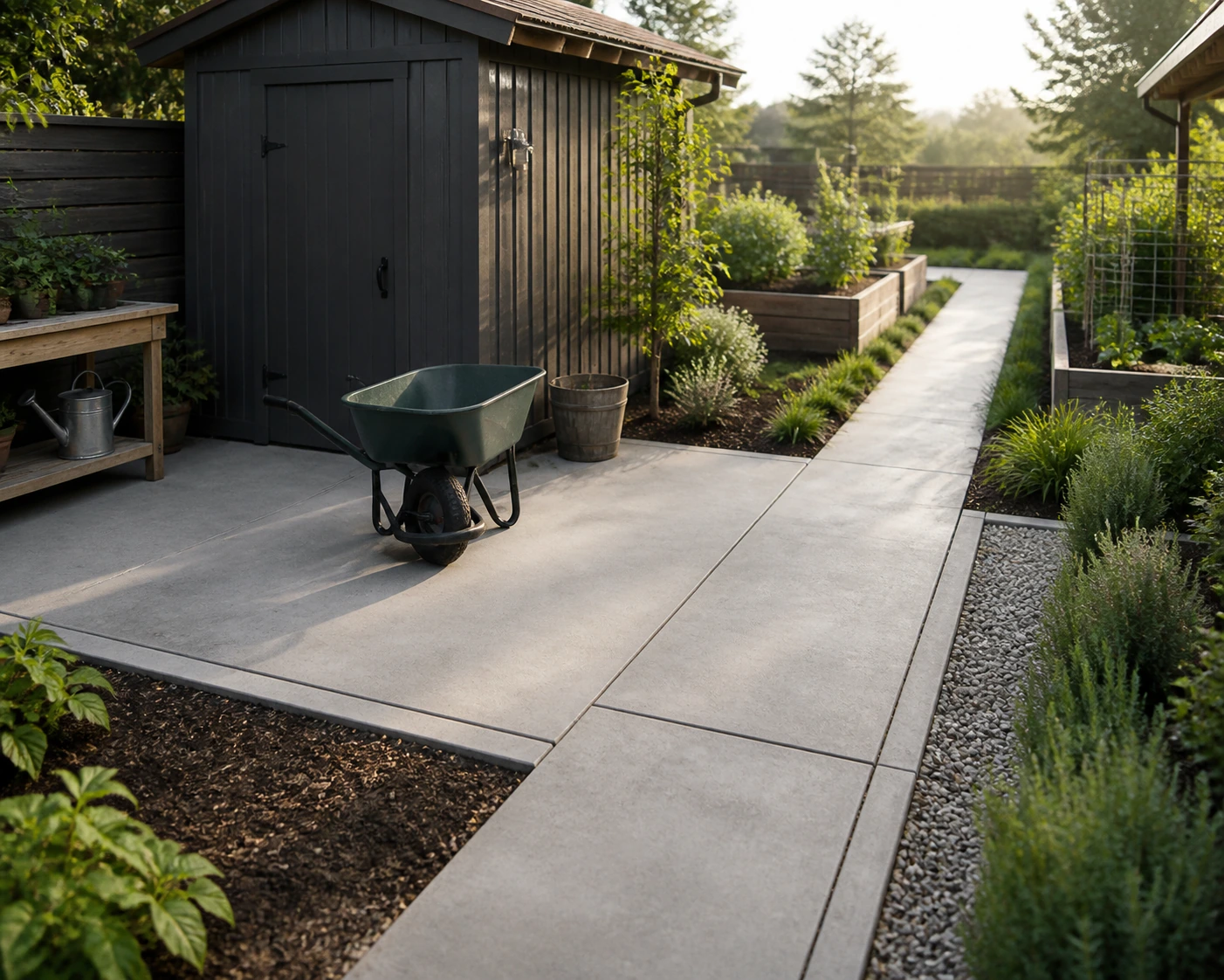 Shed concrete pad connected to a garden path with raised beds, low planting, and practical equipment access.