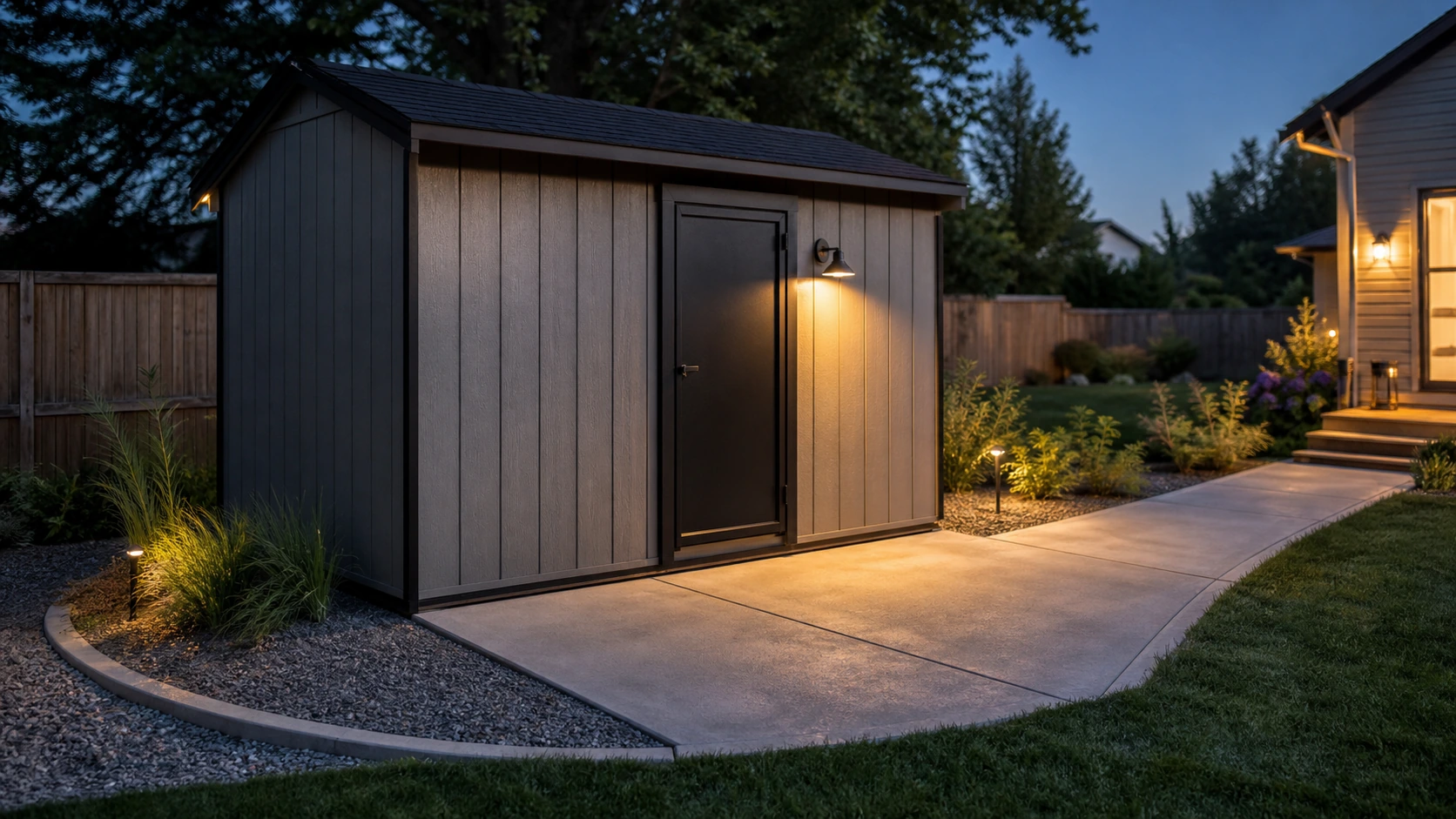 Storage shed on a concrete pad with practical evening lighting, direct path, and low planting.