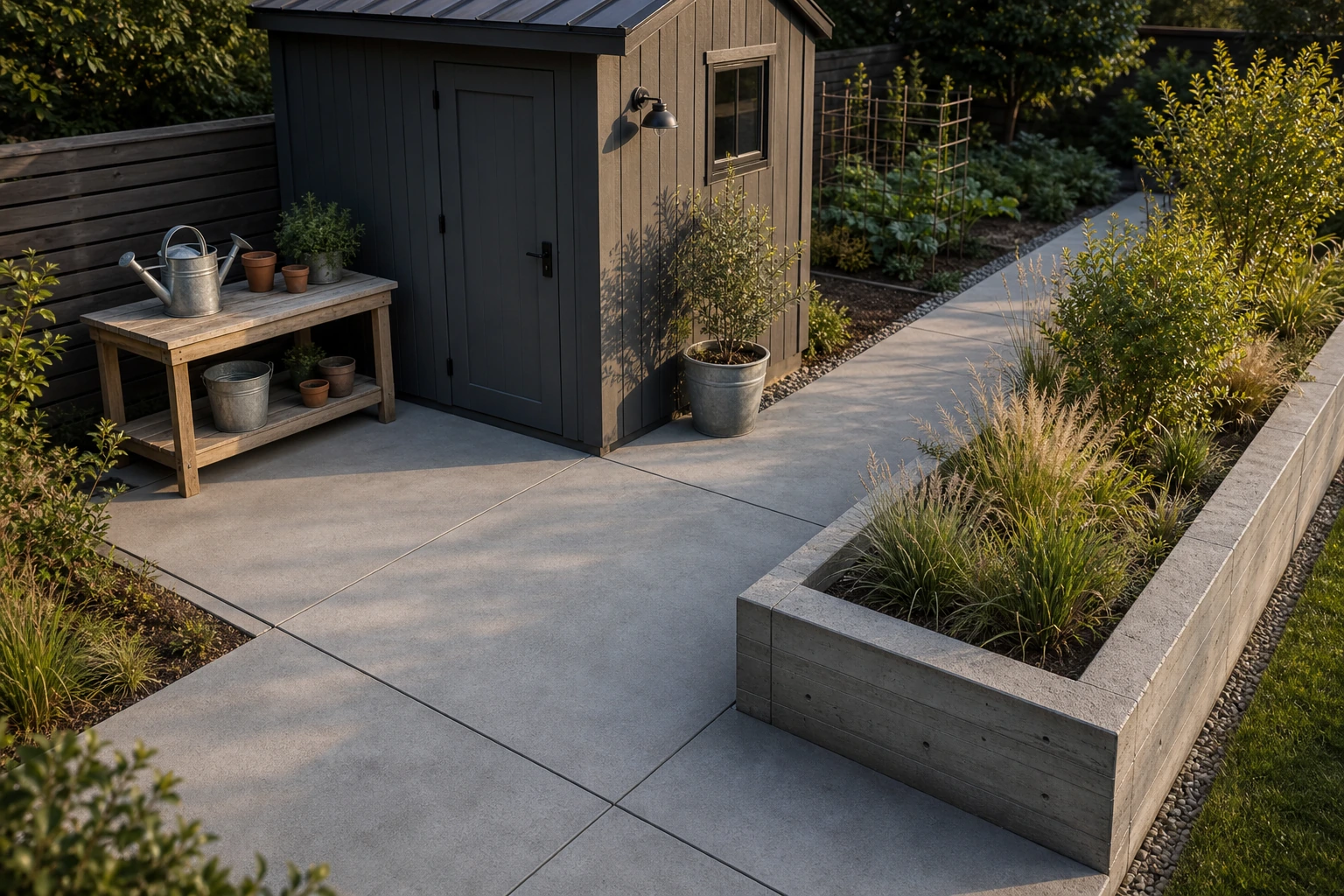 Shed concrete pad with a low planter wall, direct equipment access, and structured garden planting.