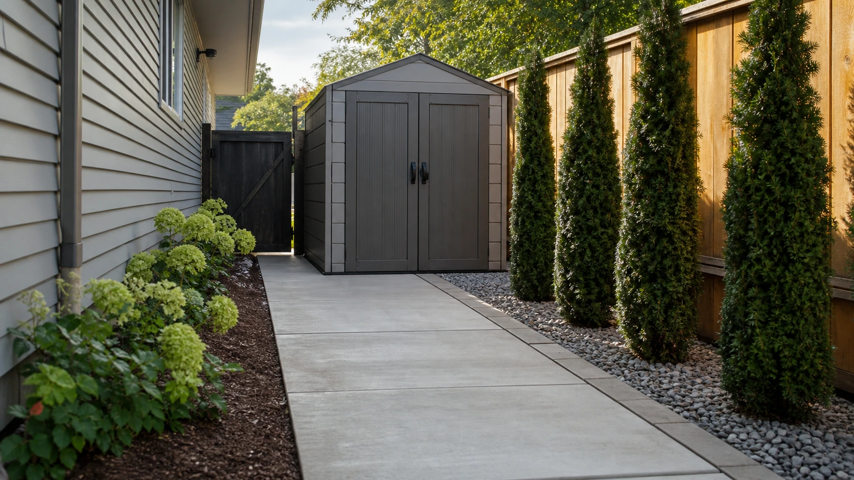 Side-yard storage shed on a concrete pad with gate access, narrow planting, and clear maintenance path.