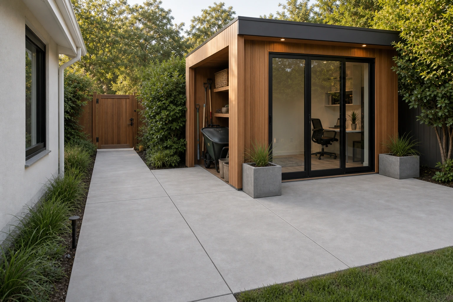 Side-yard studio and storage concrete pad with clear access path, compact planting, and practical service use.