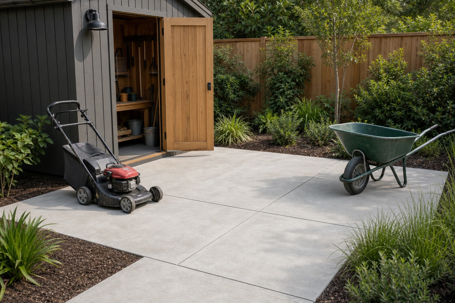 Small concrete pad for garden equipment with a shed door, wheelbarrow route, and planted edge.
