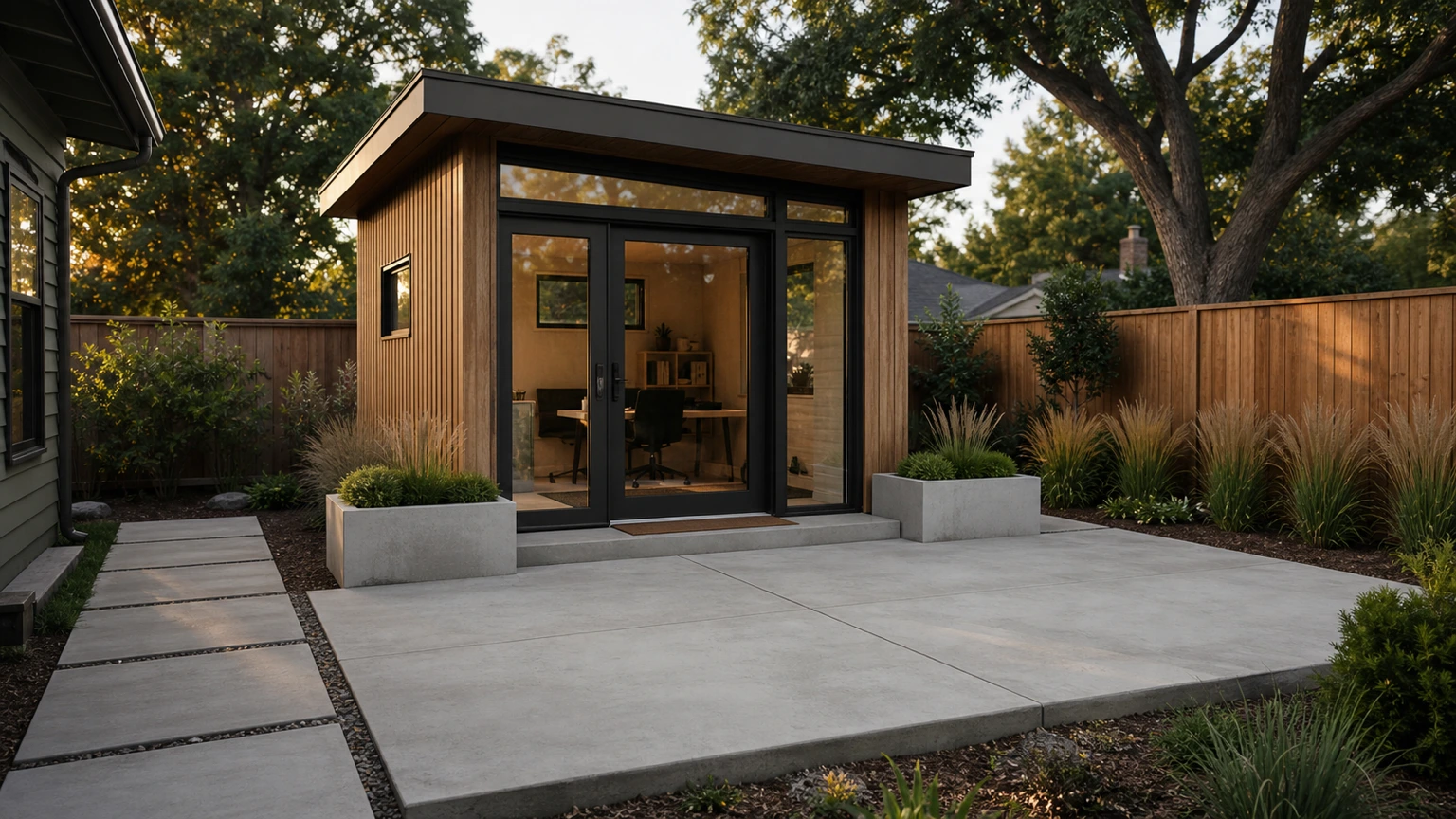 Small garden office with a concrete arrival pad, stepping path, and soft planting in a backyard setting.