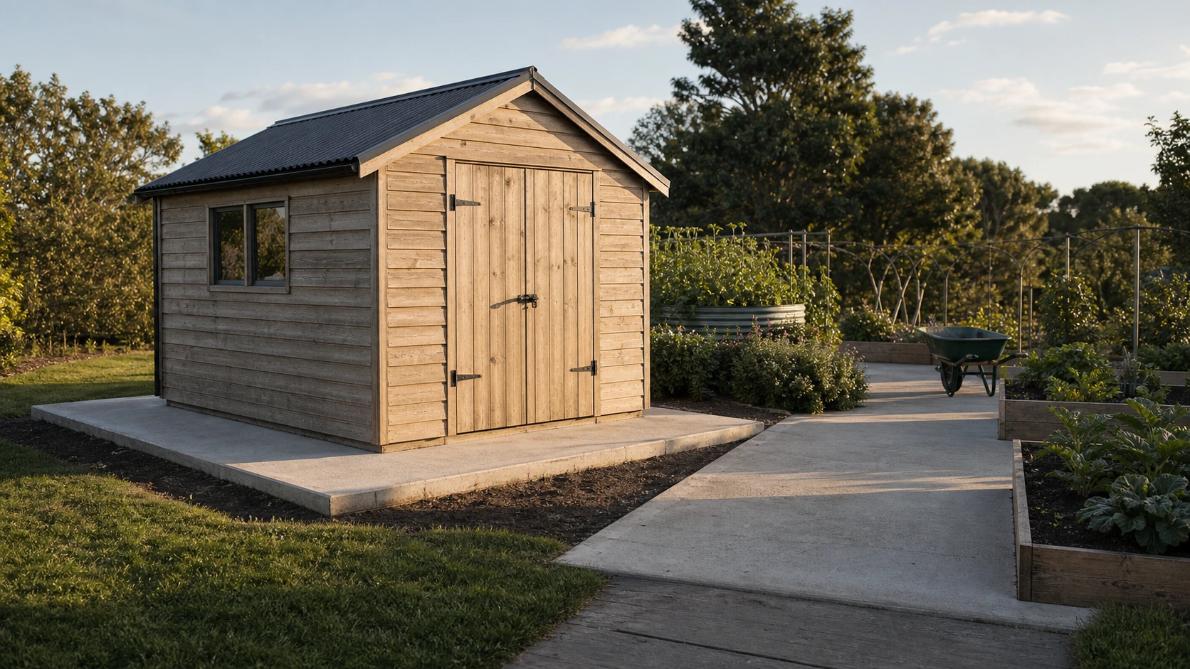 Small shed on a concrete pad beside a garden path, raised beds, and practical equipment access.