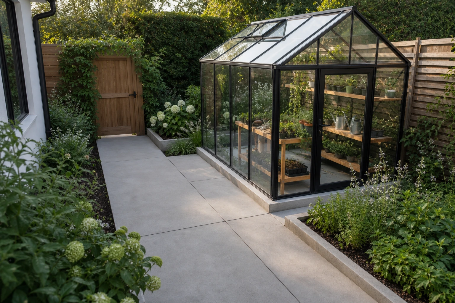 Small yard greenhouse corner with a concrete pad, compact raised beds, and low-maintenance vertical planting.