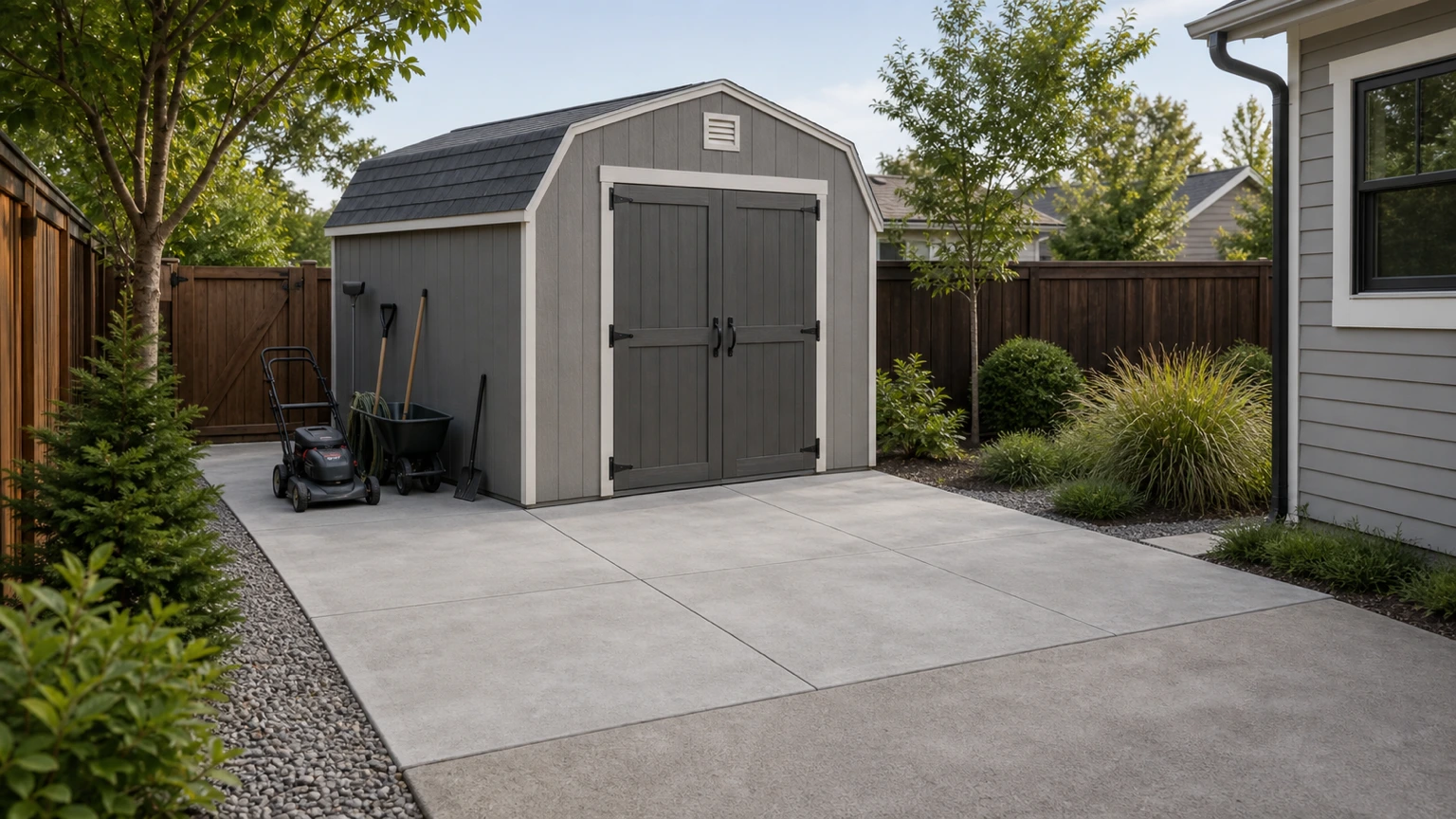Tool shed on a concrete pad with direct driveway access, mower clearance, and low planting.