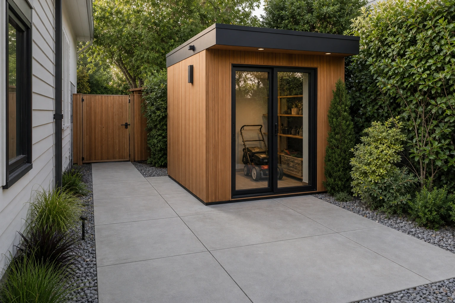 Townhouse shed on a compact concrete pad with gate access, vertical planting, and practical storage route.
