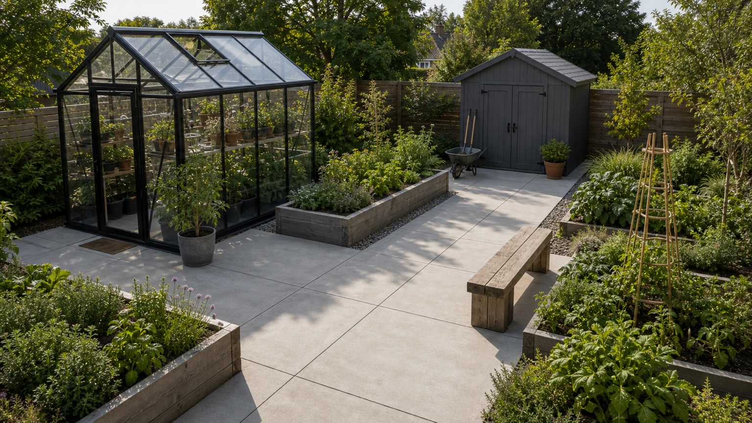 Concrete utility court connecting greenhouse, shed, and raised beds with practical work circulation.