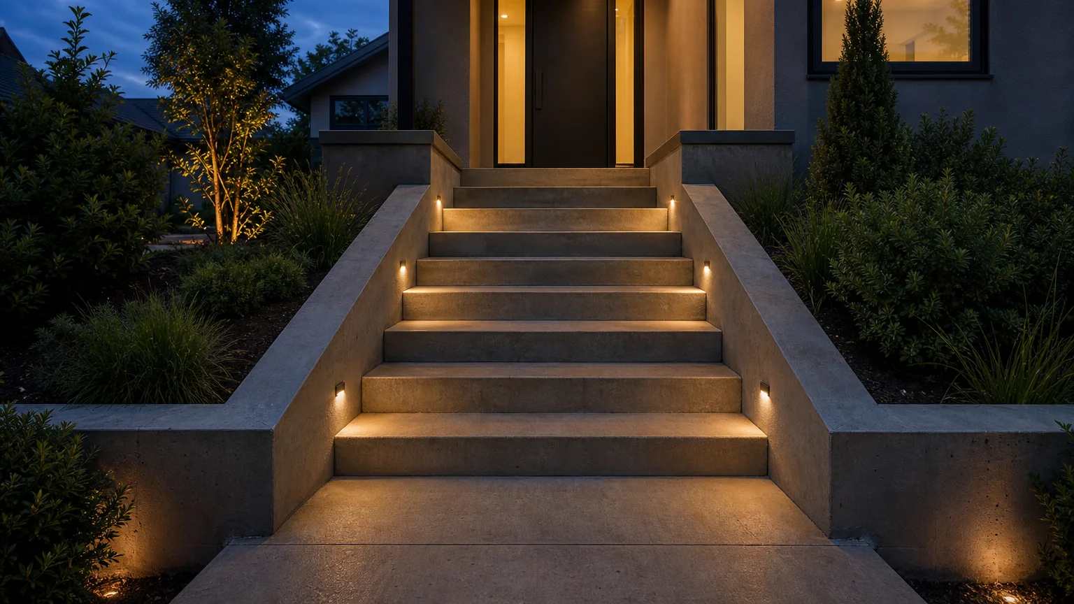 Board-formed concrete stoop with uniform steps beside native meadow planting at a modern home.
