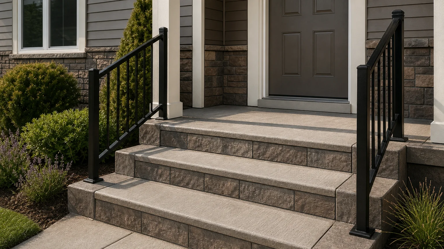 Concrete entry steps and landing integrated with low brick terraced planting walls.