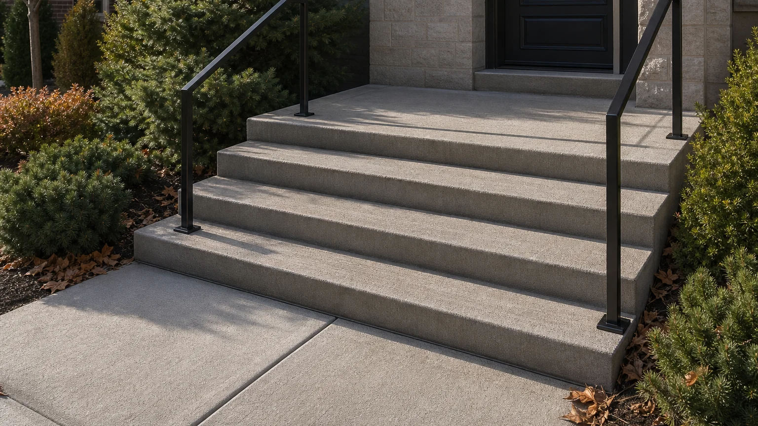 Broom-finished concrete entry steps with rounded nosings, railings, and evergreen winter planting.