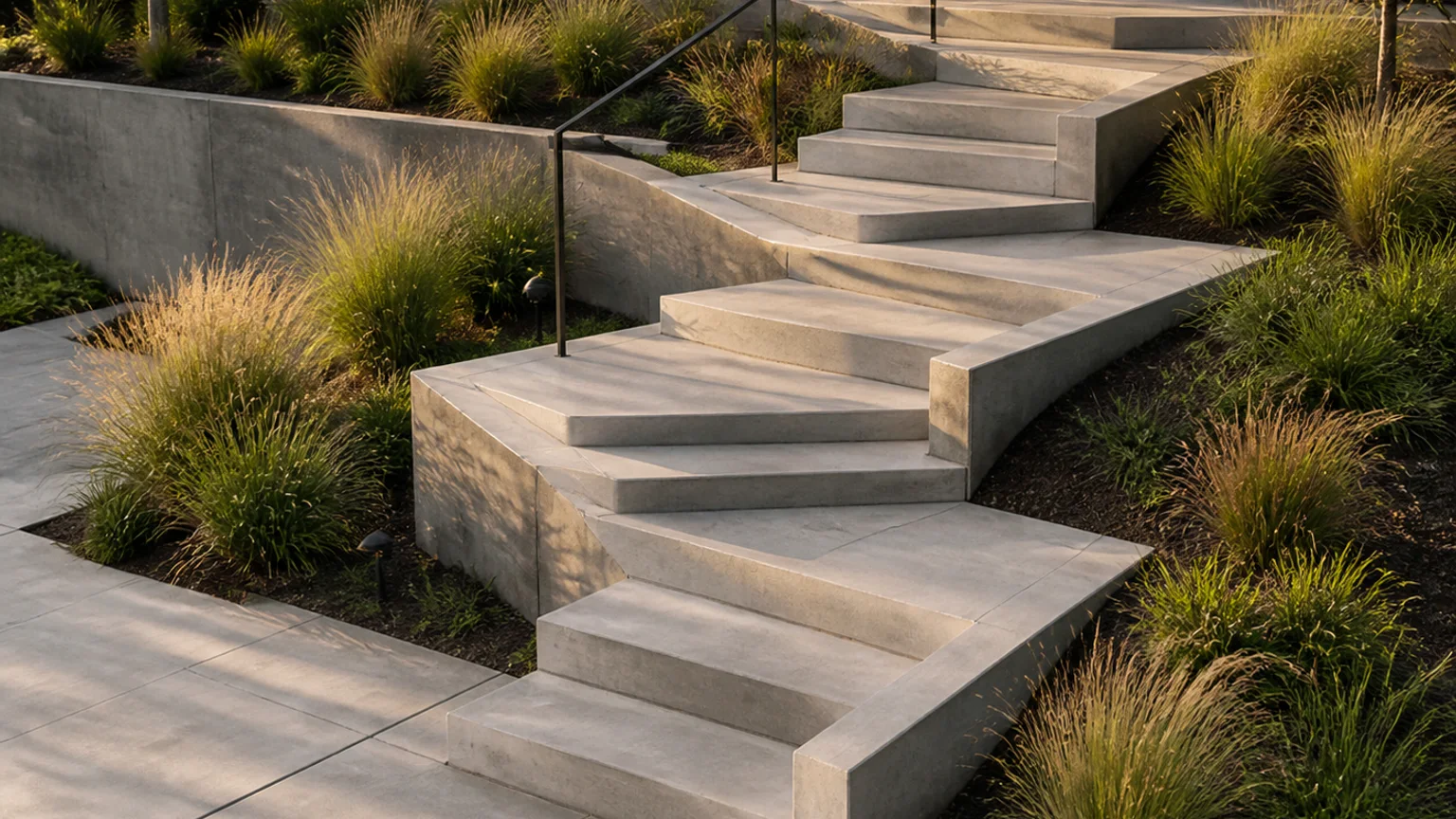 Light concrete hillside entry steps with simple metal railings and coastal grass planting.