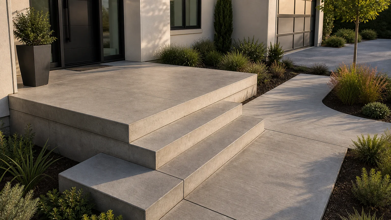 Compact concrete platform stoop with two uniform steps and integrated side planters.