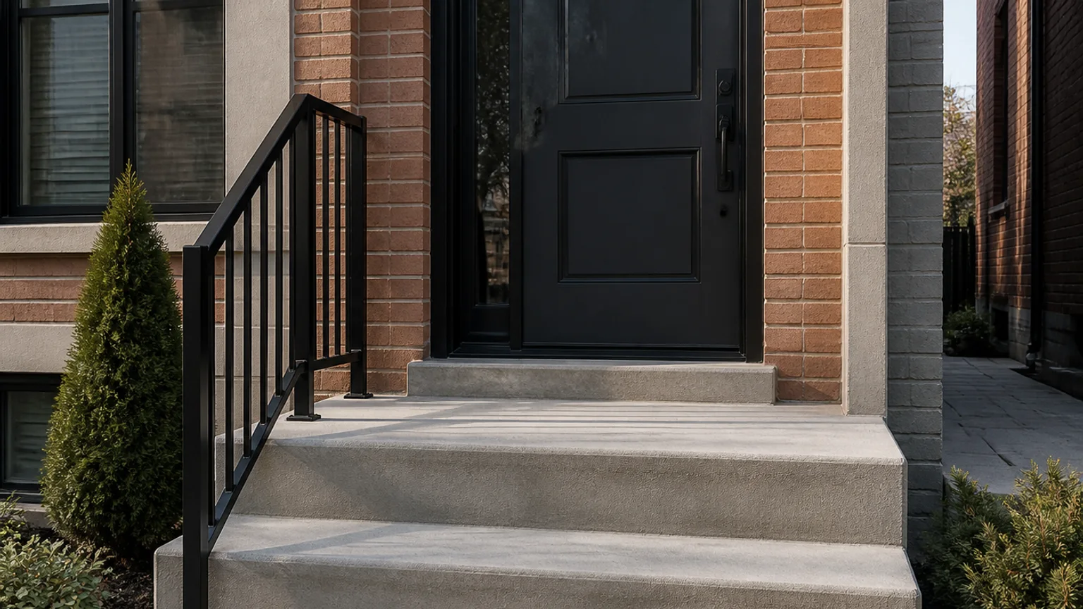 Compact solid concrete stoop with two uniform steps at a narrow townhouse entry.
