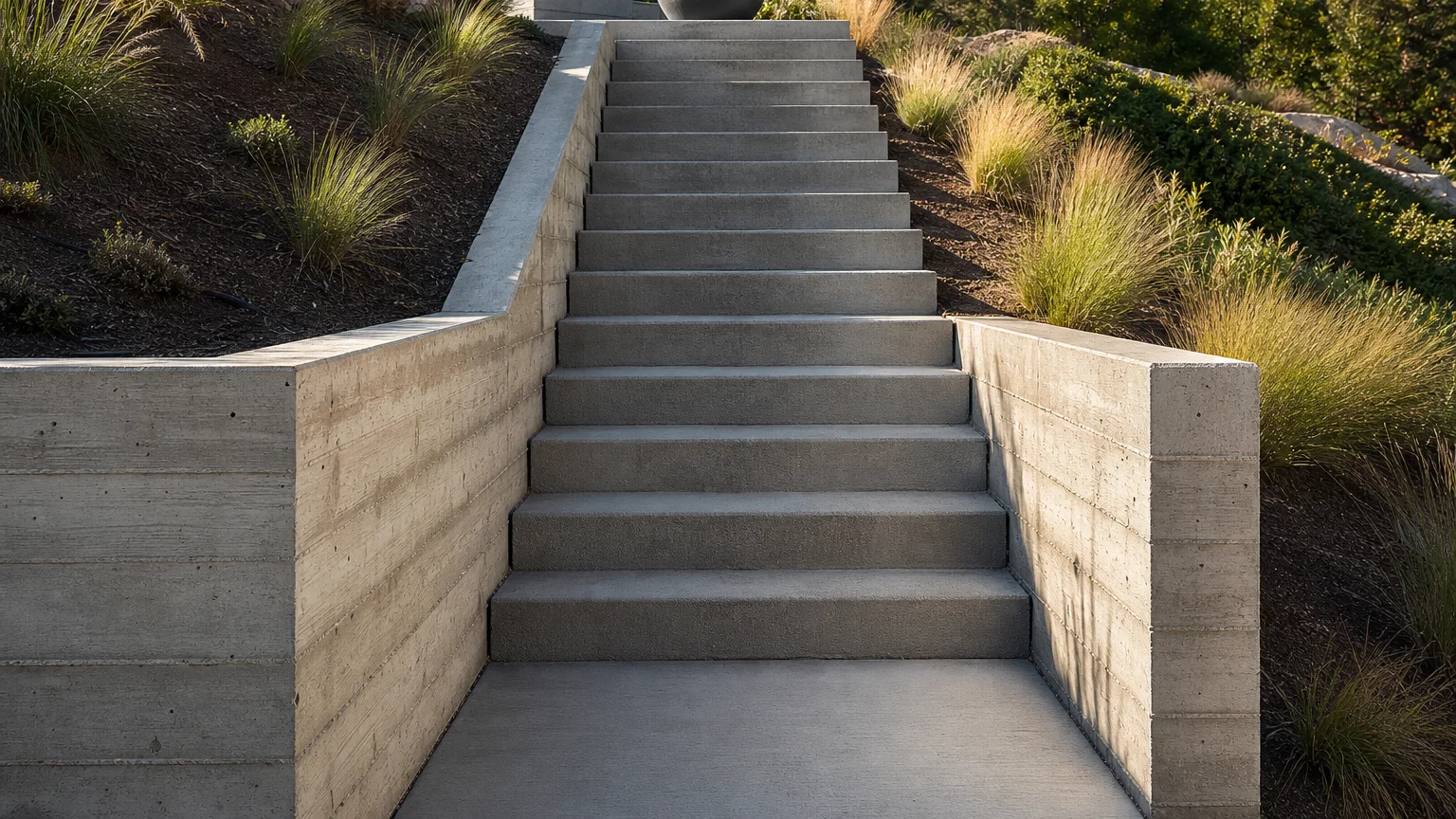 Concrete entry platform with uniform steps, low wall lights, and a modern courtyard planting scheme.