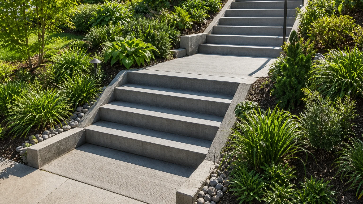 Concrete entry platform with uniform steps framed by low masonry wings and planting.